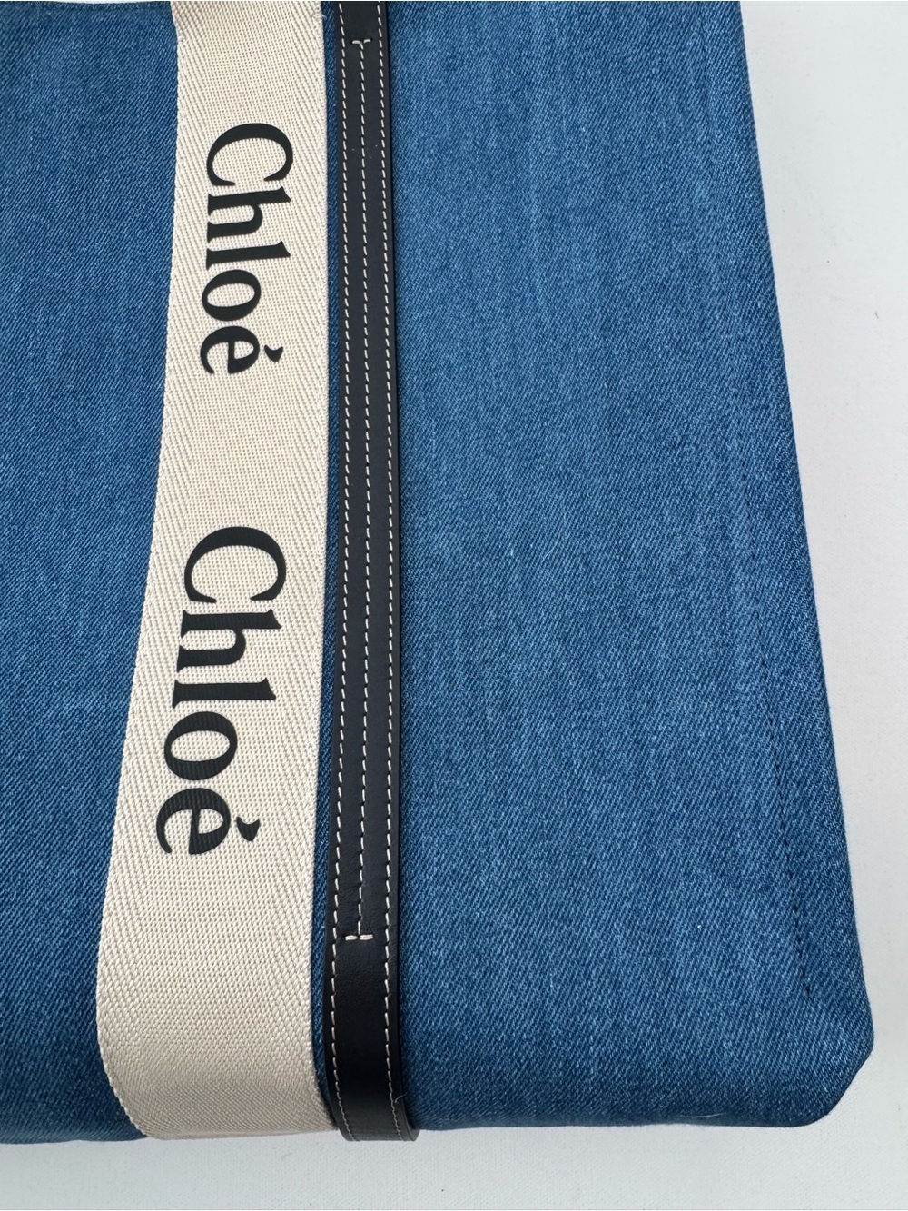 LUXE Large Woody Denim Tote Bag Blue Logo Canvas Leather Trim NEW - Picture 2 of 13